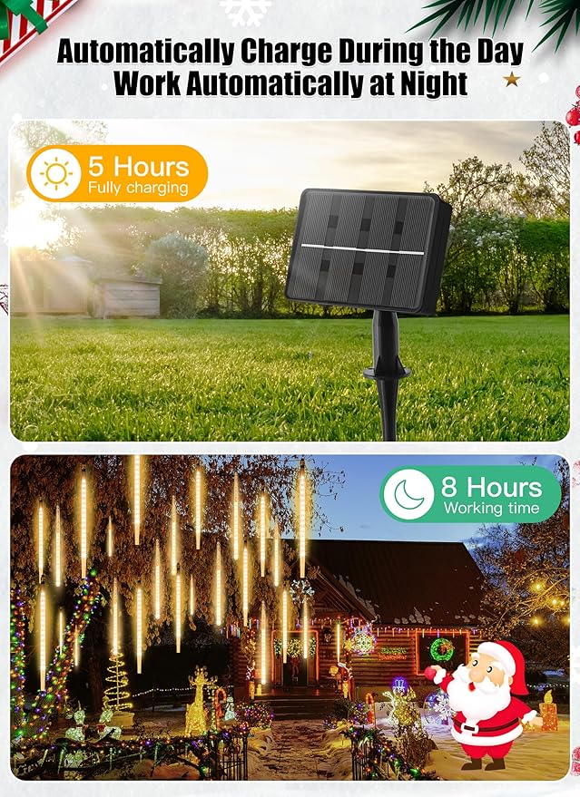 Solar Meteor Shower Lights 20 Tubes 16 Inch 720 LED Solar Christmas Lights Outdoor Waterproof, Snow Cascading String Lights for Outside Christmas Halloween House Tree Decoration, Warm White