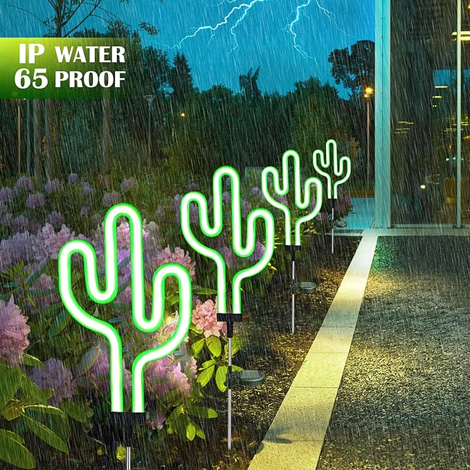 SunKite Cactus Solar Garden Stake Lights - Outdoor Waterproof Neon Lights for Garden, Yard, Lawn, Pathway, Patio, Backyard (2 Pack)