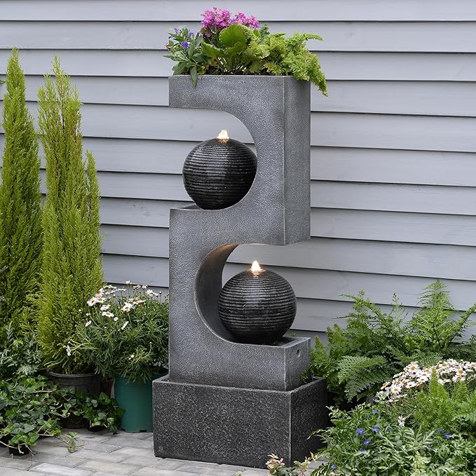 46''H Outdoor Water Fountain with LED Light, Modern Sphere Floor Waterfalls Fountains Indoor for Garden Patio Yard Deck Home Decor Lawn Porch House