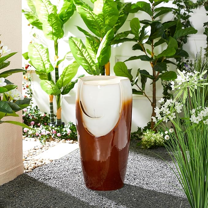 Glitzhome 29.25" H Oversized Ceramic Vase Outdoor Water Fountain, Tall Sand Beige Brown Glaze Patio Garden Water Fountain with LED Light and Submersible Pump for Garden Patio Balcony Yard Art Decor