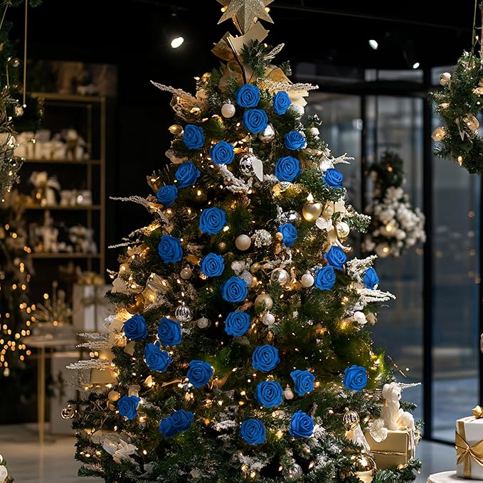 30 PCS Fake Blue Roses, Artificial Flowers Bulk Realistic Silk Faux Rose with Stems for Wedding Decorations Romantic Gifts Anniversary Celebration Bridal Bouquets DIY Floral Arrangement Home Decor