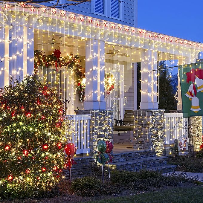 DDMY Christmas Lights Outdoor Decorations 416 LEDs 34 FT 8 Modes Curtain String Light with 78 Drops, Waterproof Clear Wire LED Light for Christmas Party Decor, House, Garden, Yard Decoration