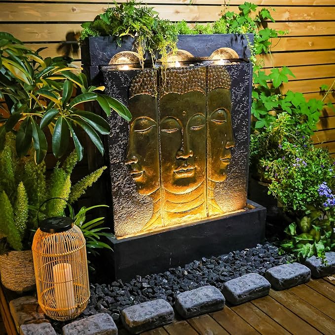 Zen Buddha Outdoor Fountain - Large Indoor Water Fountains Waterfall with Planting Groove Wall Water Feature for Garden Patio Backyard Deck Lawn Home Decor, 45 inchesTall, Gold