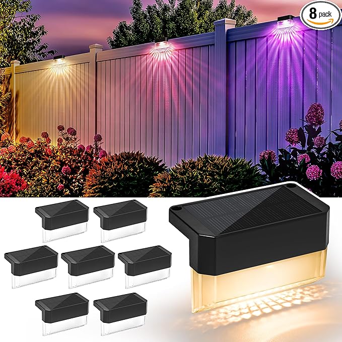 SOLPEX Solar Fence Lights Outdoor,Solar Deck Lights Waterproof Led Solar Lights for Outdoor Stairs,Step,Patio,Yard,Garden,Balcony and Porch,8 Pack Shell-Like Light Spots(Black Shell,Warm White&RGB)