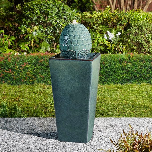 Glitzhome Ceramic Outdoor Water Fountain with LED Light, Oversized Artichoke Pedestal Water Fountains with Submersible Pump, Patio Fountain Waterfall for Garden Patio Deck Porch, Turquoise, 35.75" H