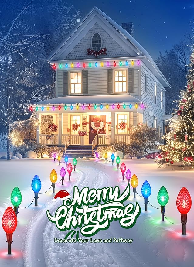 Minetom Solar Double C9 Strawberry Christmas Pathway Lights Outdoor -16FT 10 LED C9 Christmas Lights Outdoor with Timer,8 Modes, Solar Christmas Outdoor Decorations for Lawn Outside Walkway,Multicolor