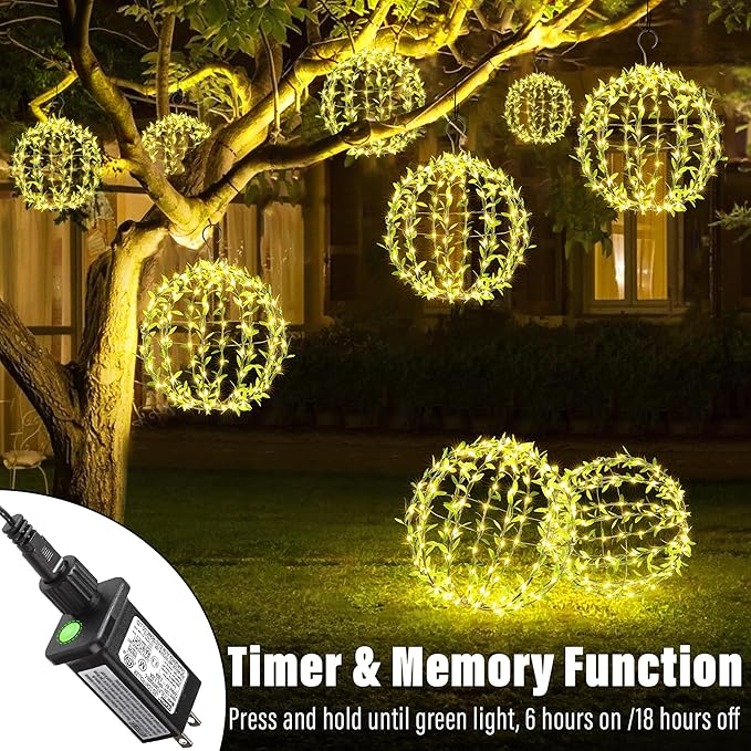 Flacchi Hanging Iron Sphere Lights with Artificial Greenery – 12Inch 120 LED Waterproof Outdoor/Indoor Decor Ball Light with Timer & 8 Modes – 2 Pack for Garden, Christmas, Weddings (Warm White)