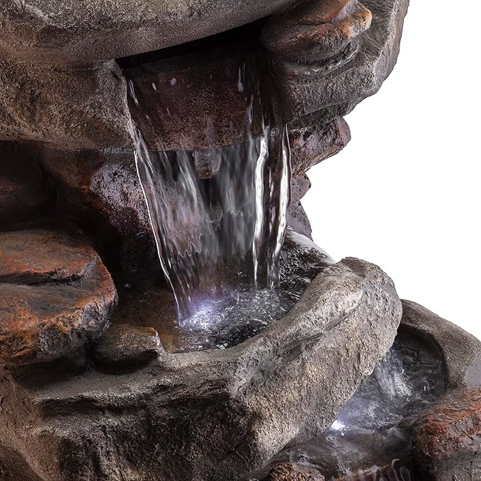 Alpine Corporation WIN316 40" Floor Fountain – 4-Tiered Rock Water Feature with Cascading Streams & White LED Lights – Tranquil Outdoor Décor for Garden, Patio, Yard, Deck, or Porch, Light Gray