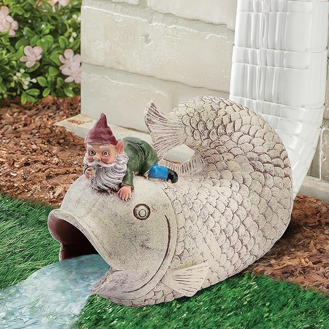 Gnome Fish Sculpture - Eco-Friendly Resin Gutter Diverter Rain, Outdoor Decor Sculpture, Garden Animal Statue, Gutter Downspout Splash Block, Decorative Extension, Ideal for 3"x4" Downspouts