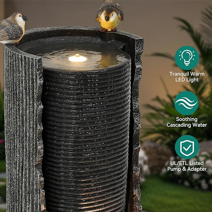 32" Rustic Cracked Jar Water Fountain Outdoor with LED Lights, Polyresin Freestanding Waterfall Feature, Tranquil Oasis for Garden, Patio, Yard, or Porch