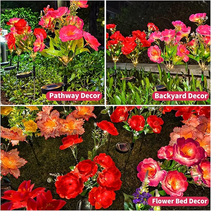 Neporal Solar Flowers Outdoor Waterproof Camellia，4PK 7-Stem Garden Solar Lights Decorative, 2 Decor Lighting Modes, Solar Powered Garden Decor, Solar Yard Decor
