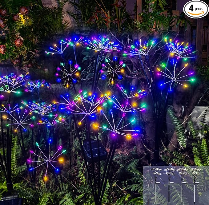 Kwaiffeo 4 Pack Solar-Powered Firework Fairy Lights, Solar Light Outdoor Waterproof Christmas & Garden Decor for Pathway/Patio/Yard - Gardening Gifts for Women (Multicolor)