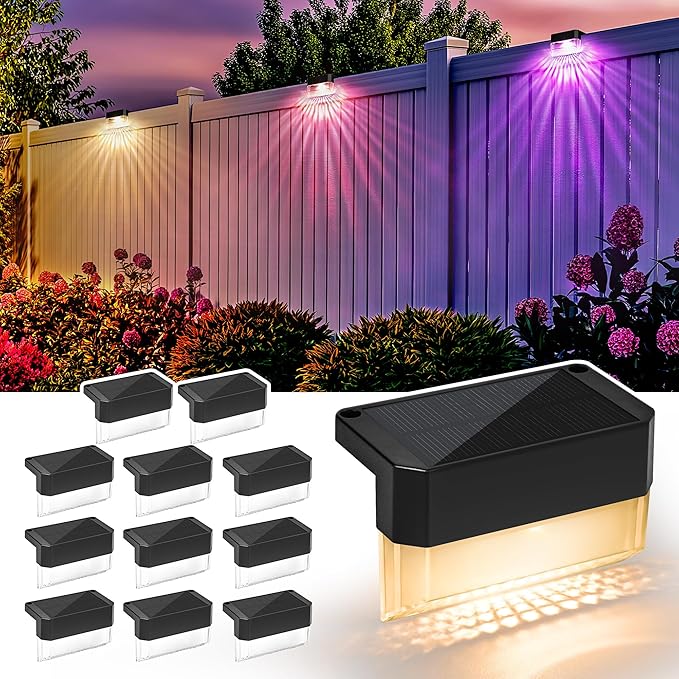 SOLPEX Solar Fence Lights Outdoor,Solar Deck Lights Waterproof Led Solar Lights for Outdoor Stairs,Step,Patio,Yard,Garden,Balcony and Porch,12 Pack Shell-Like Light Spots(Black Shell,Warm White&RGB)