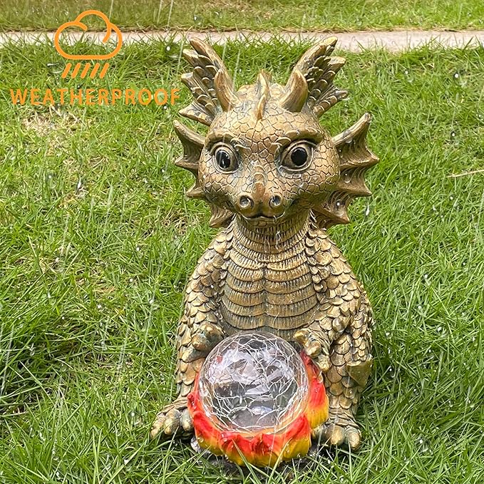 Solar Garden Statue Dragon Figurine with 7-Color Changing Solar Crackle Globe Lights- Loving Dragon for Patio,Balcony,Yard, Lawn-Unique Idea Gifts (Grey)