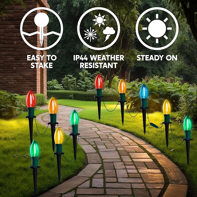 Joiedomi 30.75FT C9 Christmas Pathway Stake Lights, 24 LED Jumbo Bulbs Outdoor Walkway Green Wire Connectable Multicolor Decor for Holiday Commercial Xmas Yard Garden Lawn