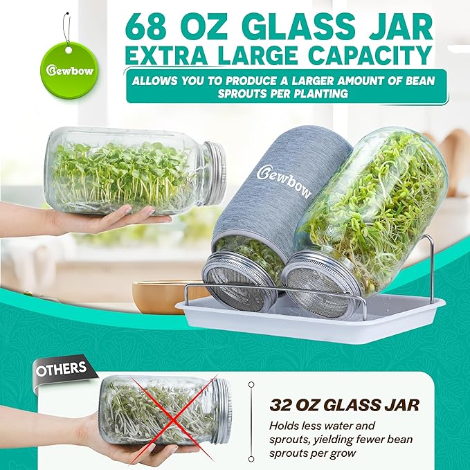 [LARGE SIZE] 2000ml(68oz) Seed Sprouting Mason Jar Kit with Stand,Drain Tray, Screen Lids,Blackout Sleeves,Good Ventilation & Drainage Capacity,Growing Fresh Organic Mung Beans,Broccoli & Microgreens