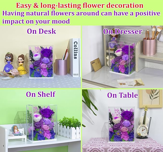 Valley of Rain & Forest Long-Lasting Real Flowers, Handcrafted Preserved Rose Bush For you to Send Love for All Occasions, Floral Arrangement for Indoor Decoration (Dark Purple Rose)