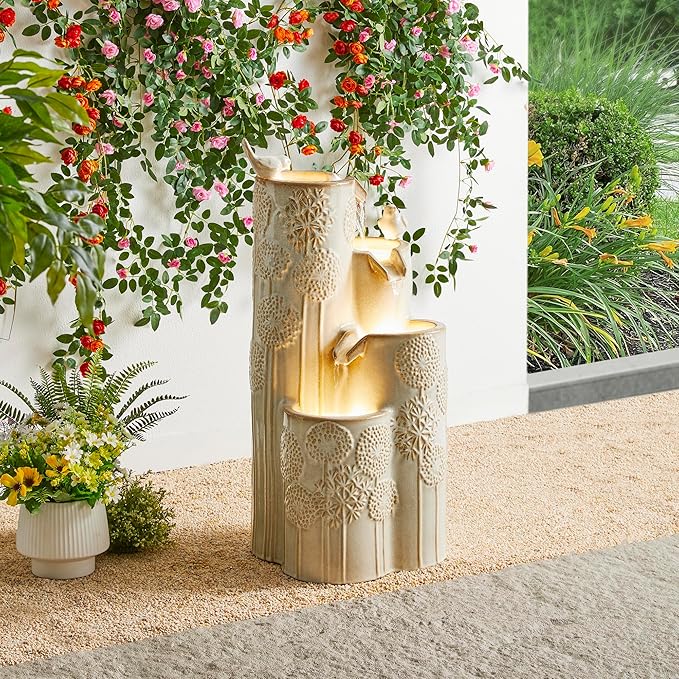 Glitzhome 31.75" H Outdoor Water Fountain with LED Lights and Pump, 4 Tier Dandelion Texture Vase Shaped Ceramic Floor Standing Fountain with Birds for Porch Deck Garden Patio Backyard, Sand Beige