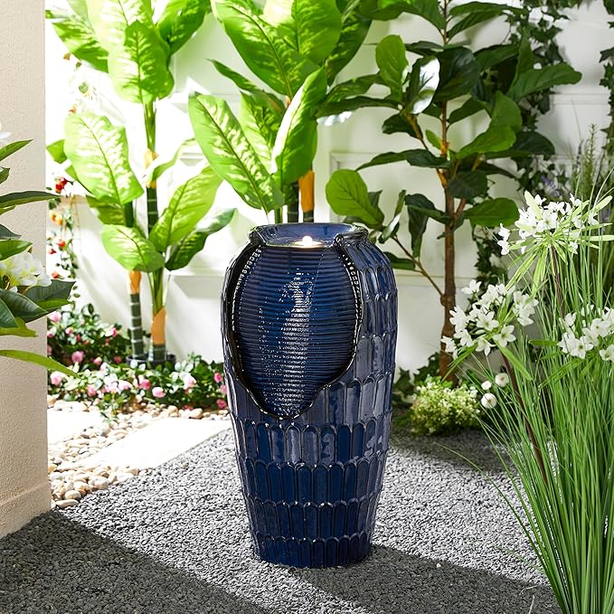 Glitzhome 28.25" H Oversized Ceramic Petals Textured Jar Outdoor Water Fountain, Vintage Cobalt Blue Glaze Vase Patio Garden Waterfall Fountain with LED Light and Submersible Pump