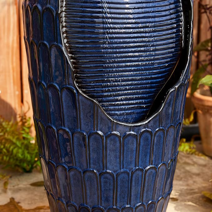 Glitzhome 28.25" H Oversized Ceramic Petals Textured Jar Outdoor Water Fountain, Vintage Cobalt Blue Glaze Vase Patio Garden Waterfall Fountain with LED Light and Submersible Pump