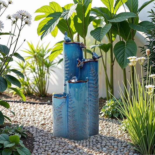 32 Outdoor Water Fountain, Unique Vase Ceramic Fountain withs Lights, 4-Tier Waterfalls with Birds, Tranquil Oasis for Garden Patio Yard Deck Balcony Decor, Tropical Fern, AquavTurquoise