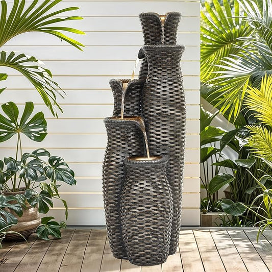 5-Tier Faux Rattan Vase Water Fountain Outdoor with LED Lights, Polyresin Cascading Waterfall Feature, Tranquil Oasis for Garden, Patio, Yard, or Porch