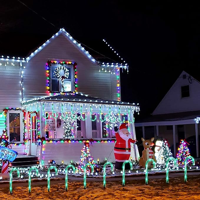 10" Christmas Candy Cane Lights - Set of 10 Pathway Markers Christmas Outdoor Yard Decorations, Green Xmas Candy Cane Stake Lights for Lawn, Walkway, Garden, Xmas Party Indoor Ornaments