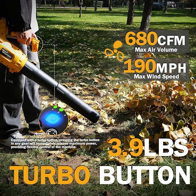 Leaf Blower Cordless,2 x 21V 6.0Ah Battery and Charger, with 680CFM 190MPH Electric Cordless Leaf Blower, 3-Variable Speed & Turbo Mode, Blowers for Lawn Care (5002 E) (Yellow)