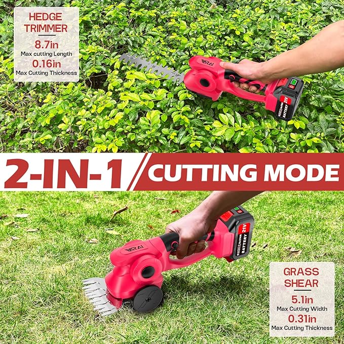 Cordless Hedge Trimmer, 2-in-1 Hedge Trimmer, Ultra Long Battery Life with Battery*2, high-Power and high-Capacity Grass Trimmer for Gardens, Yards and lawns, Including Charger