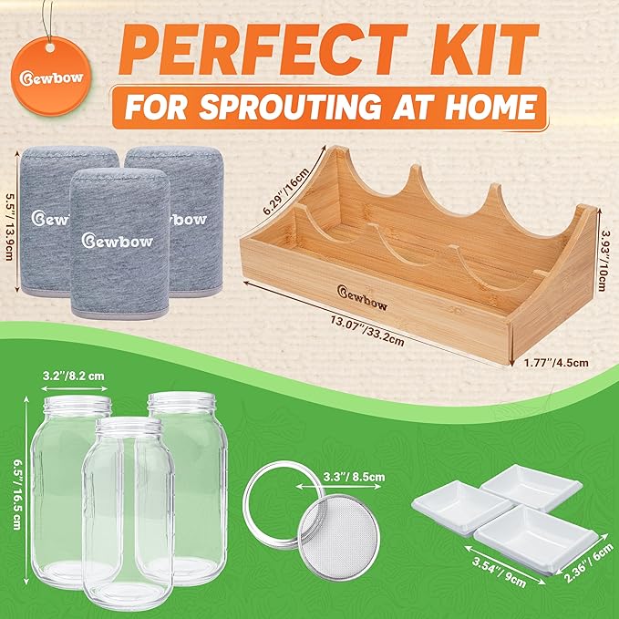 [Upgraded] 3 PCS Seed Sprouting Mason Jar Kit with Bamboo Holder, Drain Tray, Screen Lids, Blackout Sleeves, Good Ventilation & Drainage Capacity, Growing Fresh Organic Mung Beans & Microgreens
