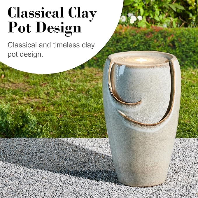Glitzhome 21.25" H Ceramic Vase Outdoor Water Fountain Tall Patio Garden Water Fountain with LED Light and Submersible Pump Yard Art Decor, Sand Beige