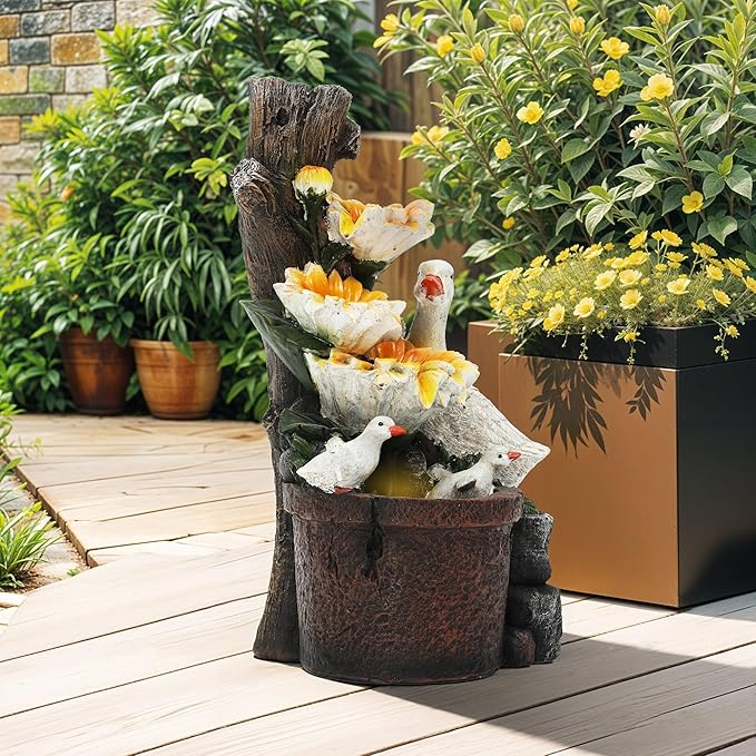 19.1" H Farmhouse Duck Garden Water Fountain with Sunflower, Indoor/Outdoor Freestanding, Soothing Cascading Waterfall with LED Lights, Decorative Water Feature for Patio, Yard, and Garden