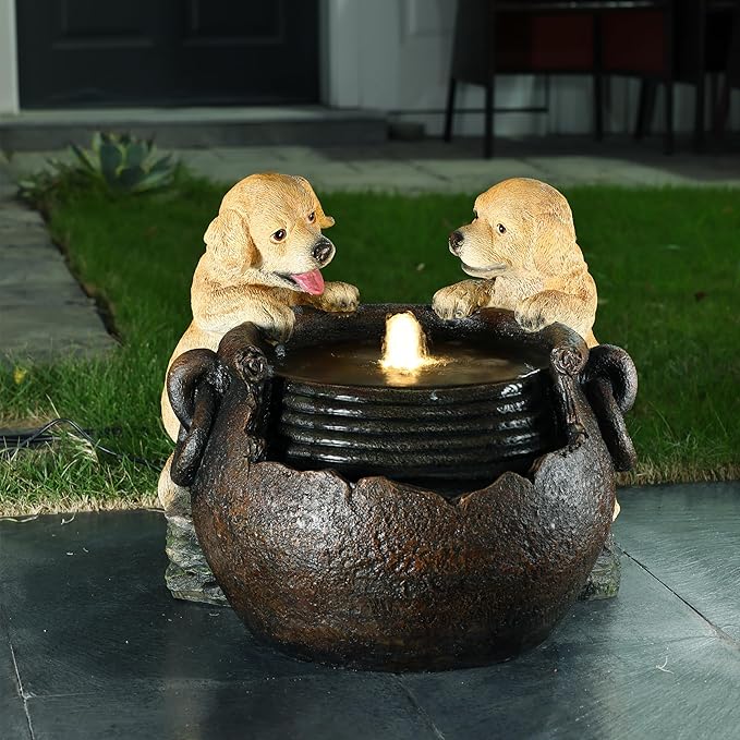 LuxenHome Outdoor Water Fountain, 16 Inch Adorable Puppies Resin Water Fountains Indoor with LED Lights, Farmhouse Waterfall Outdoor, Indoor Fountains and Waterfalls for Patio, Garden Decor