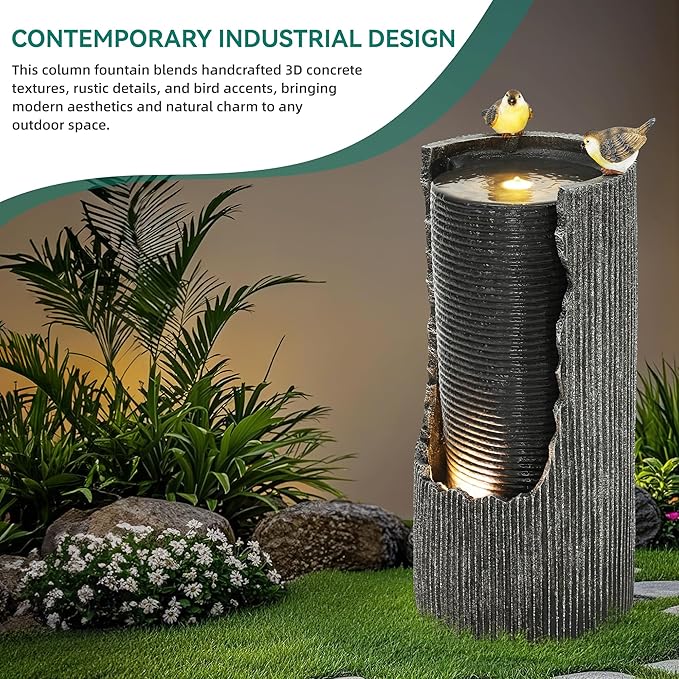 32" Rustic Cracked Jar Water Fountain Outdoor with LED Lights, Polyresin Freestanding Waterfall Feature, Tranquil Oasis for Garden, Patio, Yard, or Porch