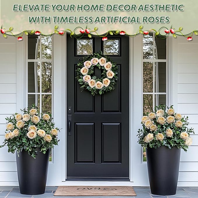 50 PCS Fake Champagne Roses, Artificial Flowers Bulk Realistic Silk Faux Rose with Stems for Wedding Decorations, Bridal Bouquets, Mother's Day Thanksgiving DIY Floral and Home Decor