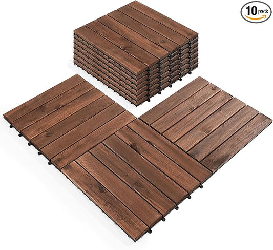 Pack of 10 Deck Tiles - 12"x12" Interlocking Natural Solid Acacia Wood for Outdoor & Indoor, Patio Garden, Balcony, Poolside - Brown Color
