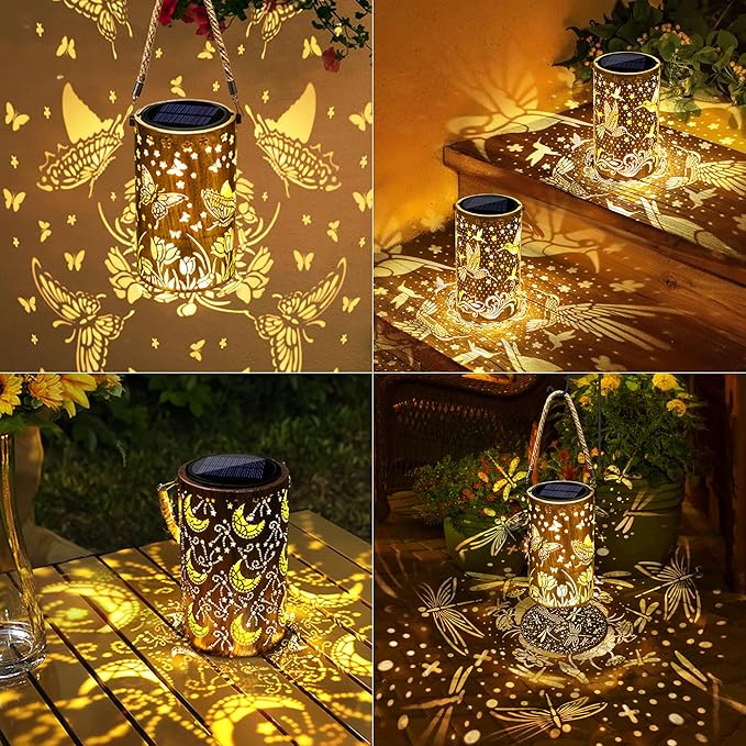 Toodour Solar Lantern Outdoor, Butterfly Gifts for Mom Grandma Women Hanging Solar Outdoor Lights Waterproof, Hollow Out Retro Metal Butterfly Lights for Patio, Balcony, Walkway, Yard Decorations