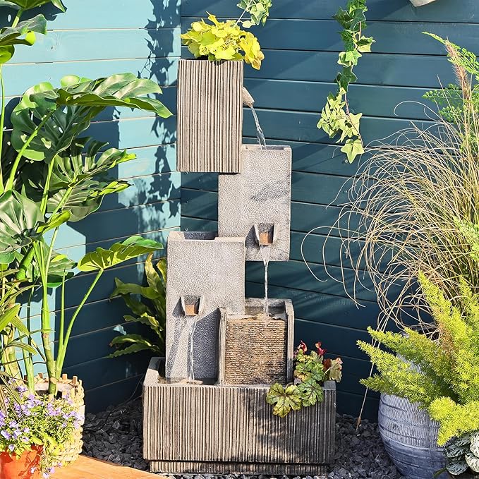 Tiered Water Fountain Outdoor Garden - Waterfall Patio Freestanding Cascade Fountains Concrete Artistry Modern Style with LED Lights for Yard Pool Home Decor, 41.5 inches Tall