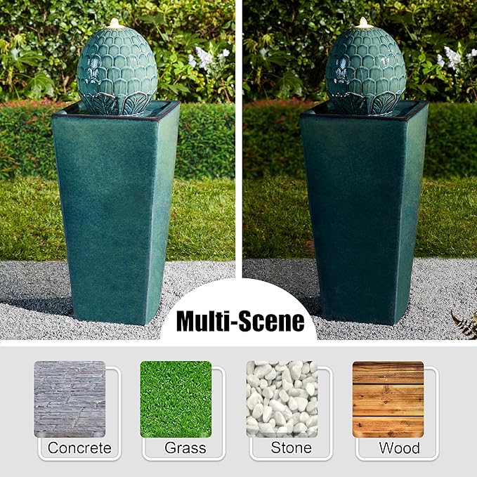 Glitzhome Ceramic Outdoor Water Fountain with LED Light, Oversized Artichoke Pedestal Water Fountains with Submersible Pump, Patio Fountain Waterfall for Garden Patio Deck Porch, Turquoise, 35.75" H