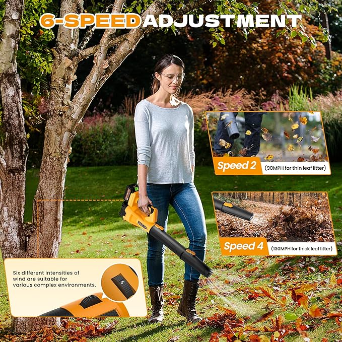 Leaf Blower Cordless, 650 CFM/170 MPH, 6-Speed Levels with 2 X 4.0Ah Handheld Battery Leaf Blower, Electric Blowers for Lawn Care, Garden, Yard (Yellow & 2 Battery)
