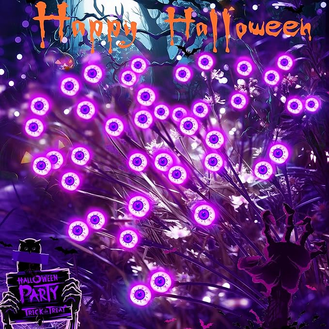 4 Pack Solar Purple LED Eyeball Halloween Outdoor Lights - Waterproof, Swaying Fairy Lights for Pathway, Yard & Garden Decorations