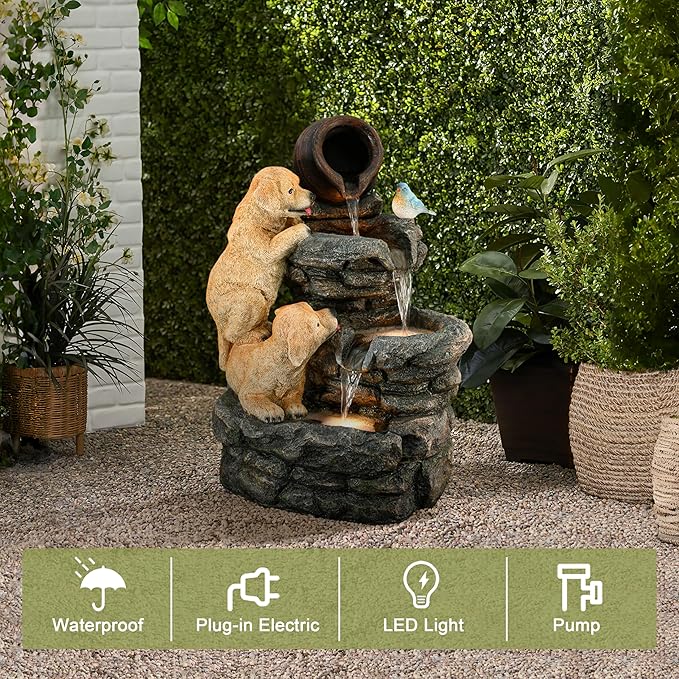 LuxenHome Outdoor Water Fountain, 26 Inch Puppy and Rock Resin Water Fountains Indoor with LED Lights, Farmhouse Waterfall Outdoor, Indoor Fountains and Waterfalls for Patio, Garden Decor