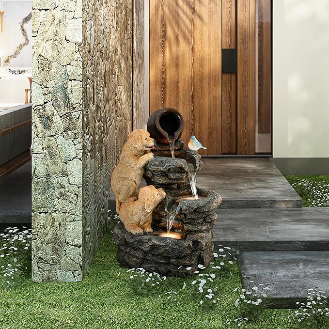 LuxenHome Outdoor Water Fountain, 26 Inch Puppy and Rock Resin Water Fountains Indoor with LED Lights, Farmhouse Waterfall Outdoor, Indoor Fountains and Waterfalls for Patio, Garden Decor