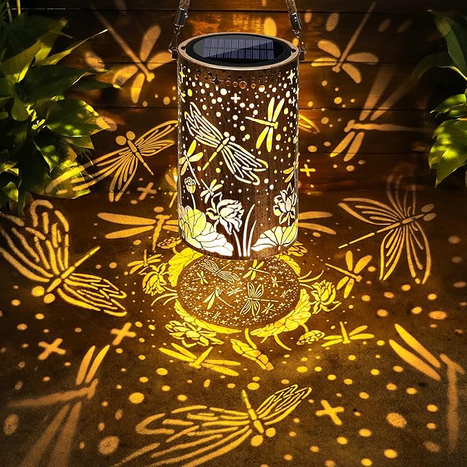 Toodour Solar Lantern Outdoor, Dragonfly Gifts for Women Mom Grandma Hanging Solar Outdoor Lights Waterproof, Hollow Out Retro Metal Dragonfly Lights for Patio, Balcony, Walkway, Yard Decorations