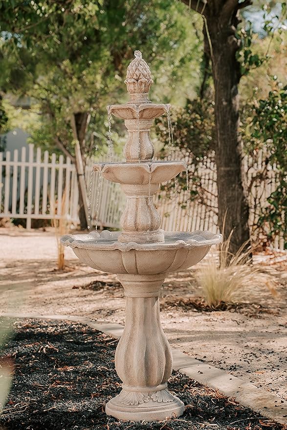 XBrand 3-Tier Freestanding Waterfall Fountain w/Pump & Pineapple Top, 51 Inch Tall, Beige, Large Outdoor Garden Fountain, Ideal for Garden, Porch, and Lawn