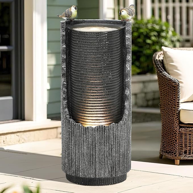 32" Rustic Cracked Jar Water Fountain Outdoor with LED Lights, Polyresin Freestanding Waterfall Feature, Tranquil Oasis for Garden, Patio, Yard, or Porch