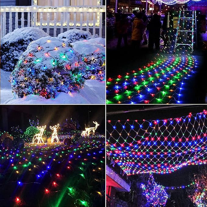 LJLNION Christmas Net Lights, 360 LED 12ft x 5ft Connectable Mesh Fairy String Lights,8 Modes Low Voltage Safe Adaptor for Xmas Trees, Bushes, Wedding, Outdoor Garden Decorations, Multicolor