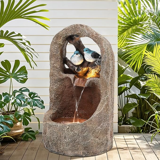 27" 2-Tier Bird Outdoor Water Fountain with Lights, Natural Zen Garden Fountain, Relaxing Waterfall Floor, Yard, Porch or Deck Decor, Whether-Resistant, Faux Granite Texture