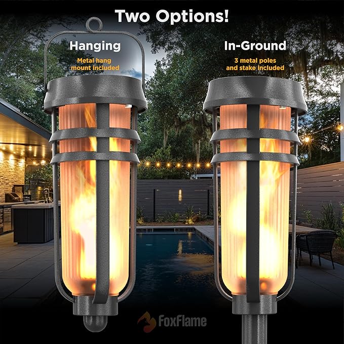 Metal Solar Torch Lights - Adjustable Height (24" - 50"), Outdoor Garden Decor with Patented LED, Waterproof Solar Tiki Torches for Yard, Patio, Garden Pathway, Matte Black – 1 Pack