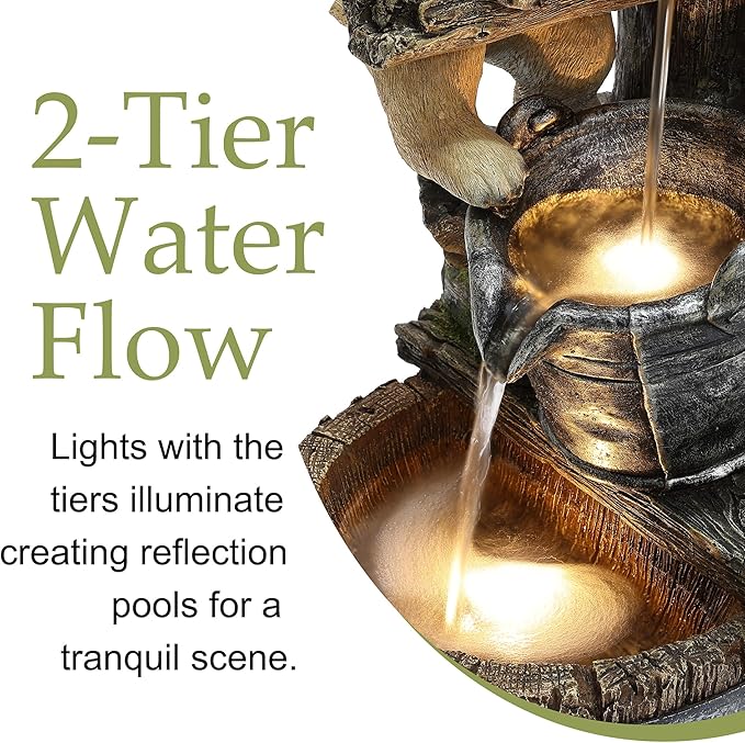 LuxenHome Water Fountain Outdoor, 25" Whimsical Puppy Dog Resin Outdoor Water Fountain with LED Lights, Decorative Garden Waterfall Fountains Indoor and Outdoor for Patio, Garden Decor